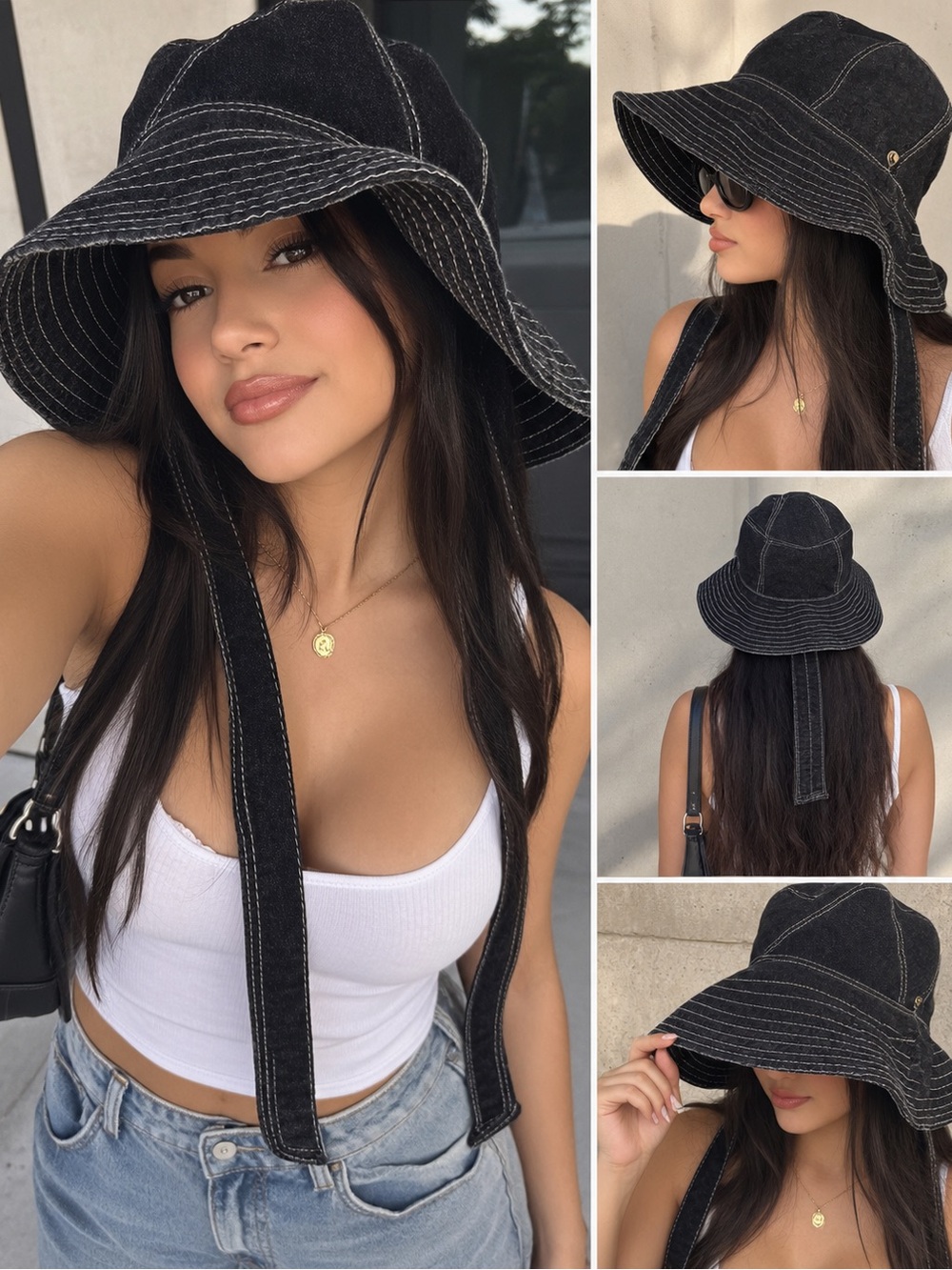 Urban Outfitters Black Denim Bucket Hat with Chin Straps